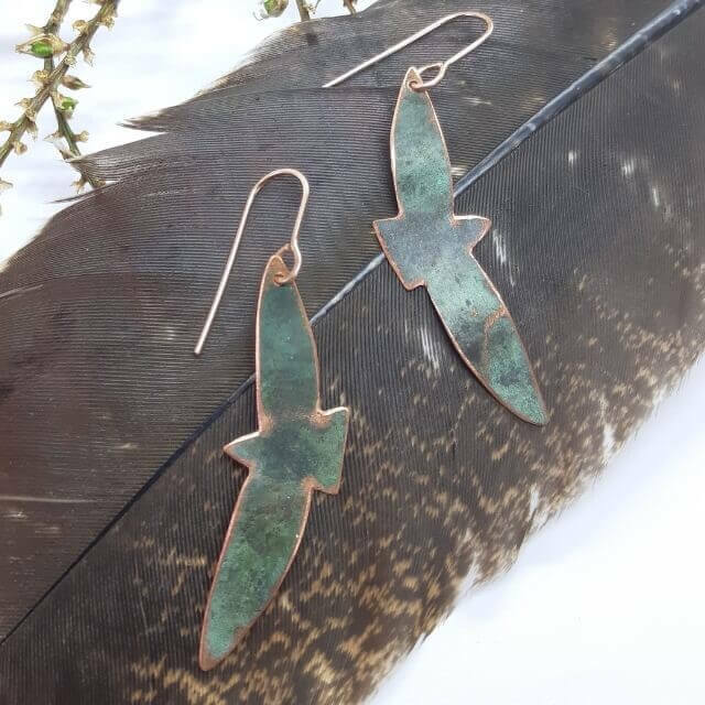 patina copper bird earrings