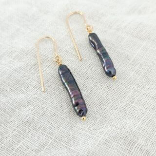 peacock blue biwa pearl earrings with goldfill hooks
