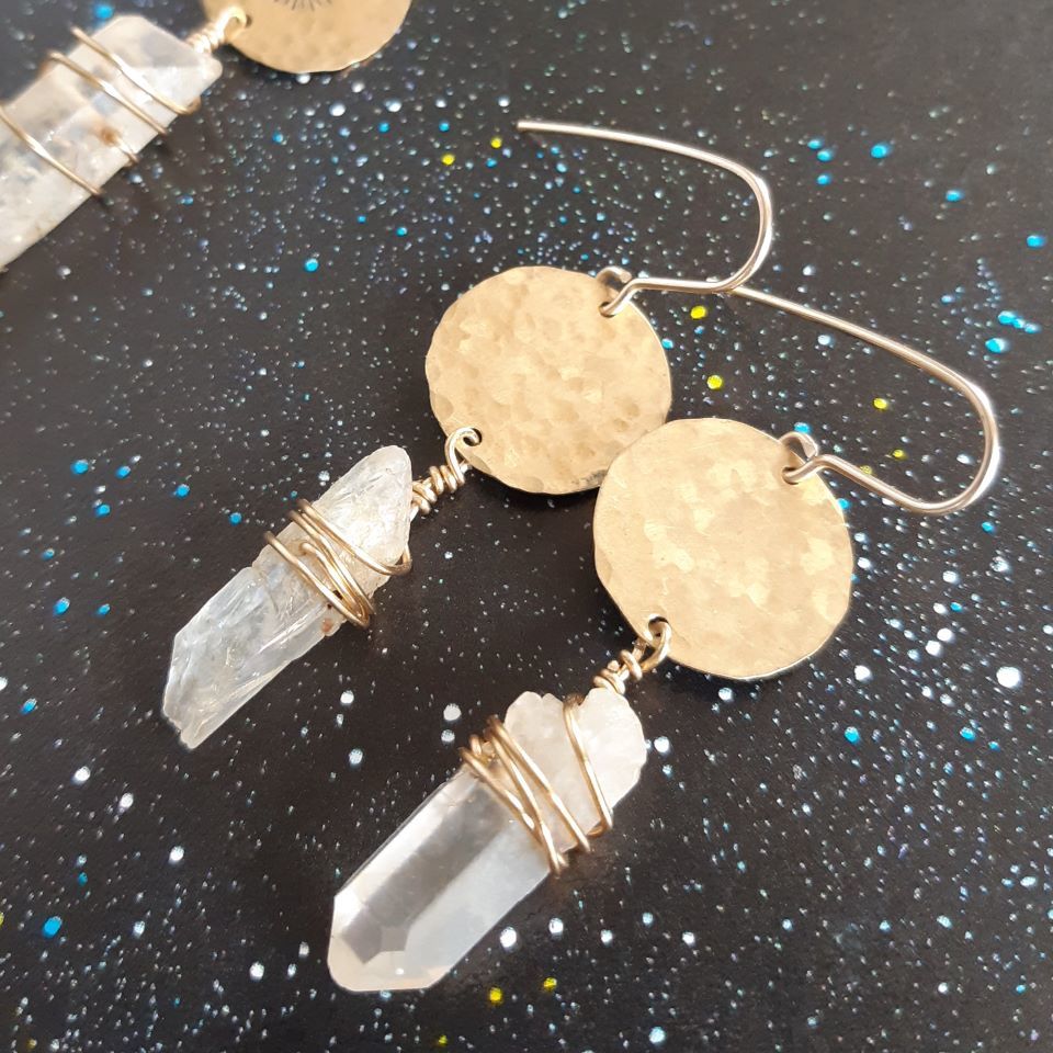 helios brass disc and rock crystal point earrings