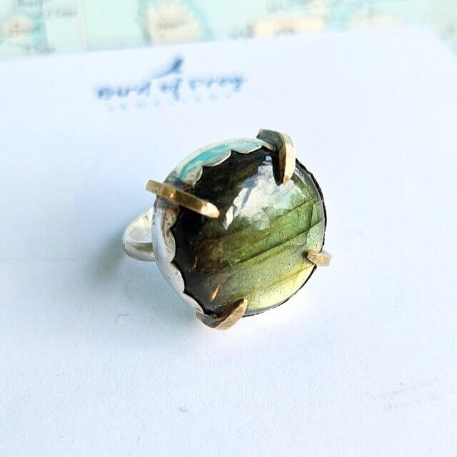 mixed metals silver and brass labradorite ring