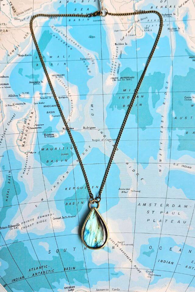 Brass teardrop pendant with labradorite gemstone