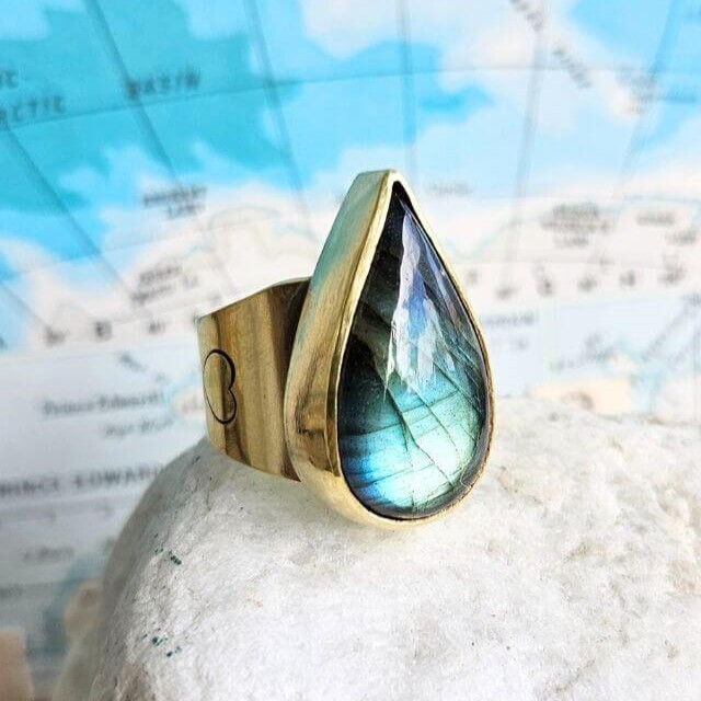 brass ring with labradorite teardrop crystal