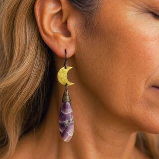 amethyst gemstone crystal earrings with moon