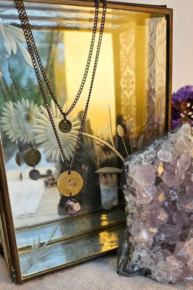 brass necklace in two layers with amethyst sphere
