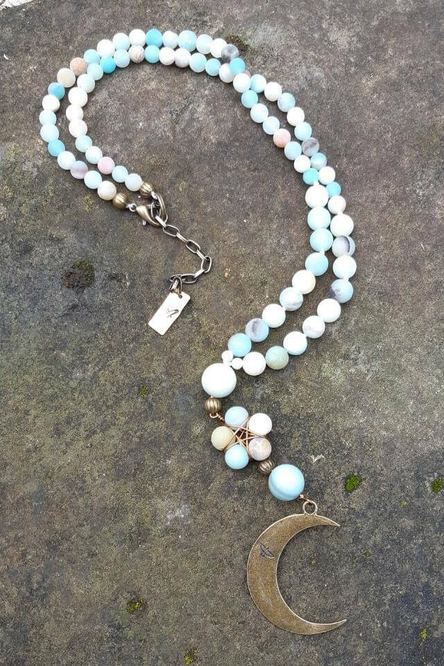 Statement Amazonite Pentagram Pendant with Crescent Moon