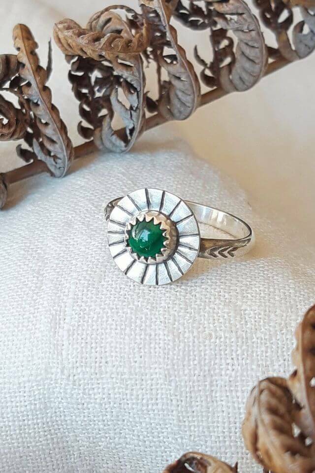 Dainty Malachite Argentium Silver Ring with Sun Ray Detail
