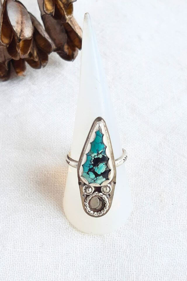 Turquoise Silver Ring with Moon Detail