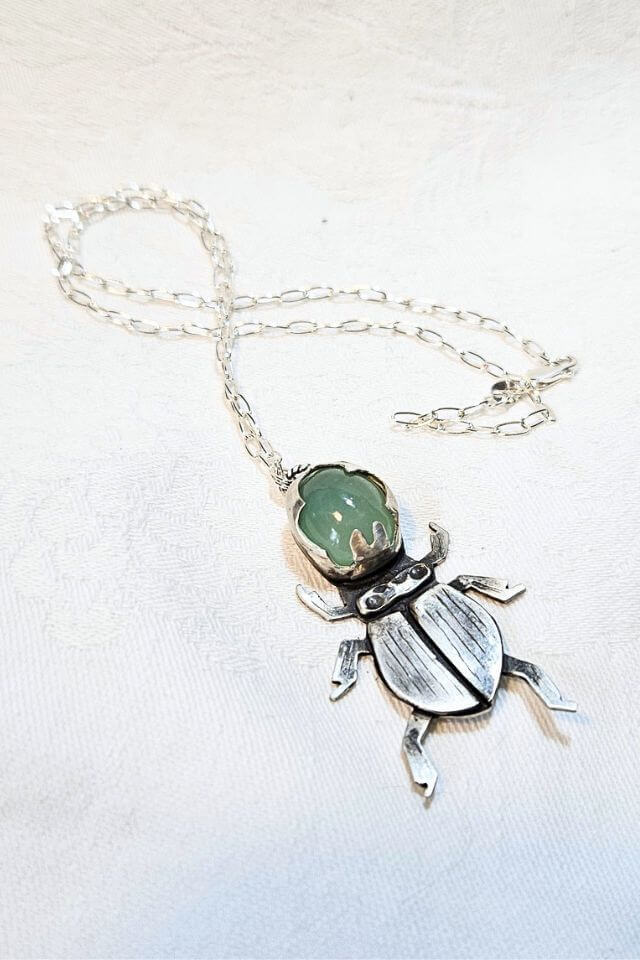 Chrysoprase and Silver Staghorn Beetle Pendant
