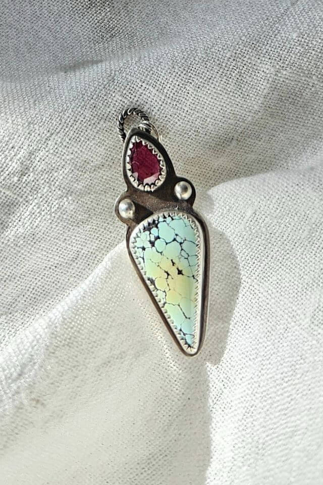 Silver Turquoise Droplet Pendant with Garnet