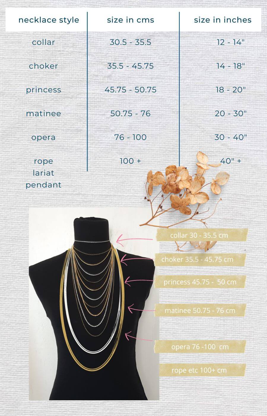 easy necklace size guide with length conversions