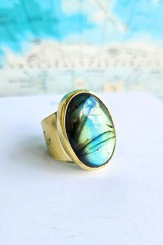 Oval Labradorite Ring Handcrafted in Brass