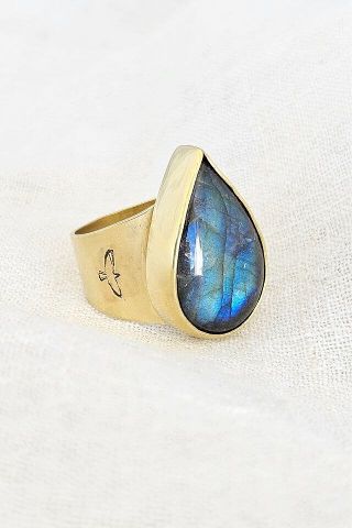 Labradorite Teardrop Ring Handcrafted in Brass