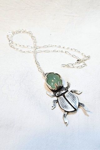 Chrysoprase and Silver Staghorn Beetle Pendant